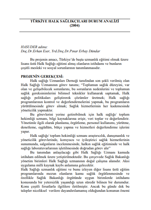 TÜRKİYE HALK SAĞLIKÇILARI DURUM ANALİZİ (2004)